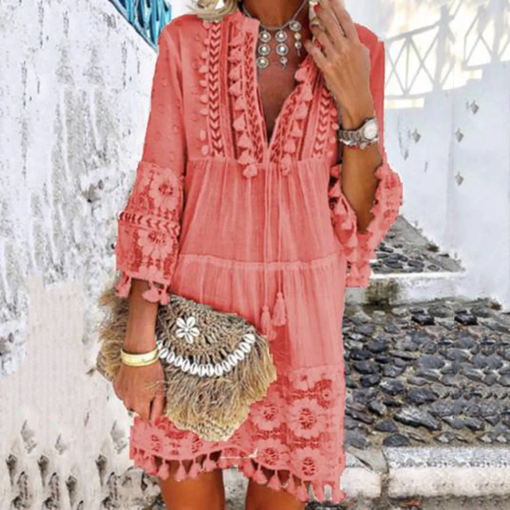 Женское мини-платье с кисточками летнее и осеннее сексуальное платье v-образным