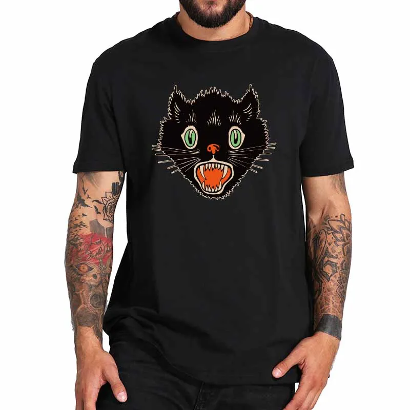 

Vintage Halloween Scary Black Cat Horror T Shirt Personality Short Sleeved Tees High Quality O-Neck T-shirt EU Size