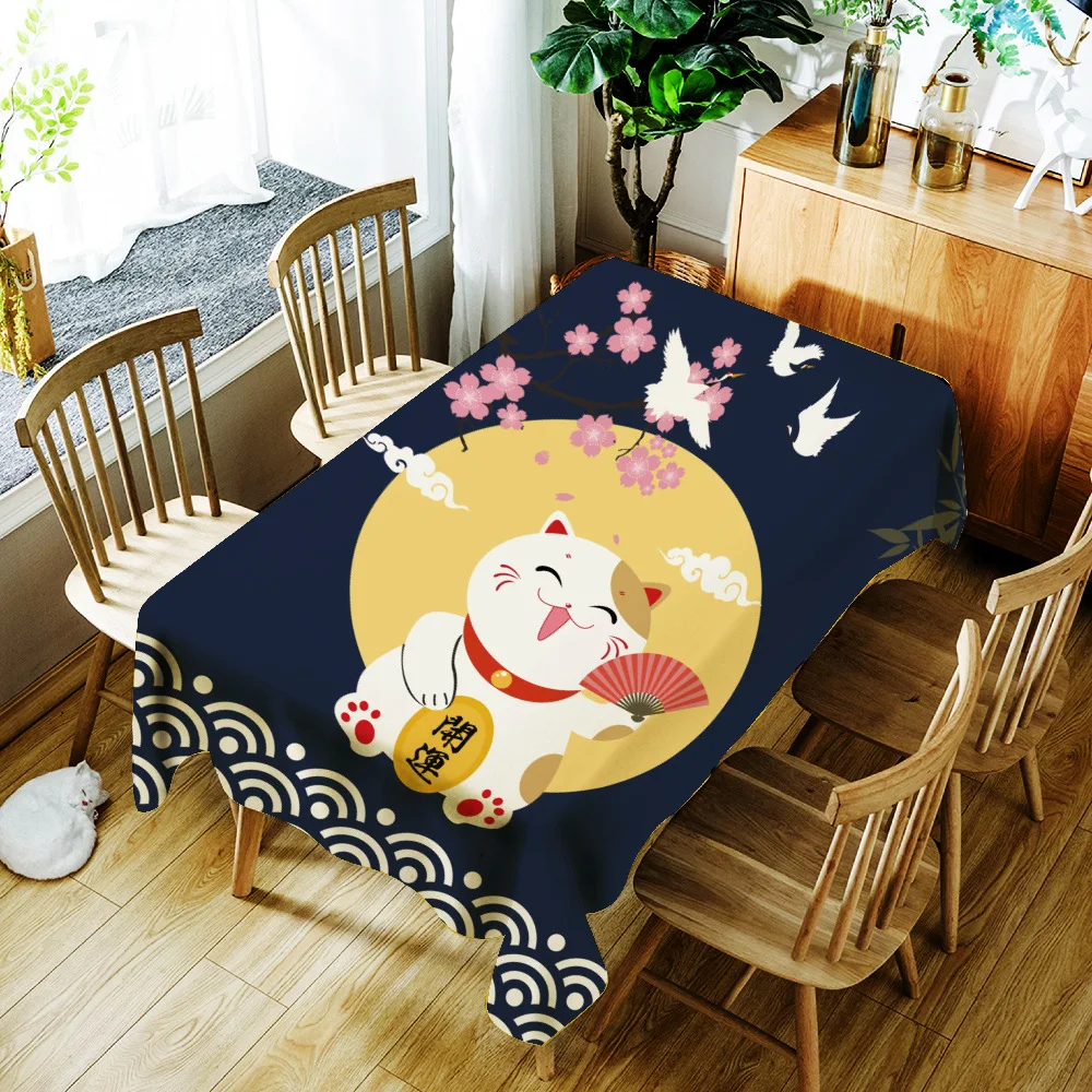 Скатерть с изображением из мультфильма Lucky Cat and Fish водонепроницаемая скатерть