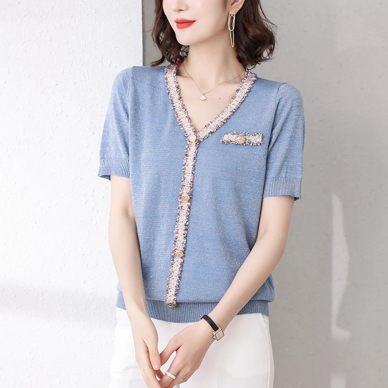 Свитер Женский вязаный с V-образным вырезом и коротким рукавом | Женская одежда