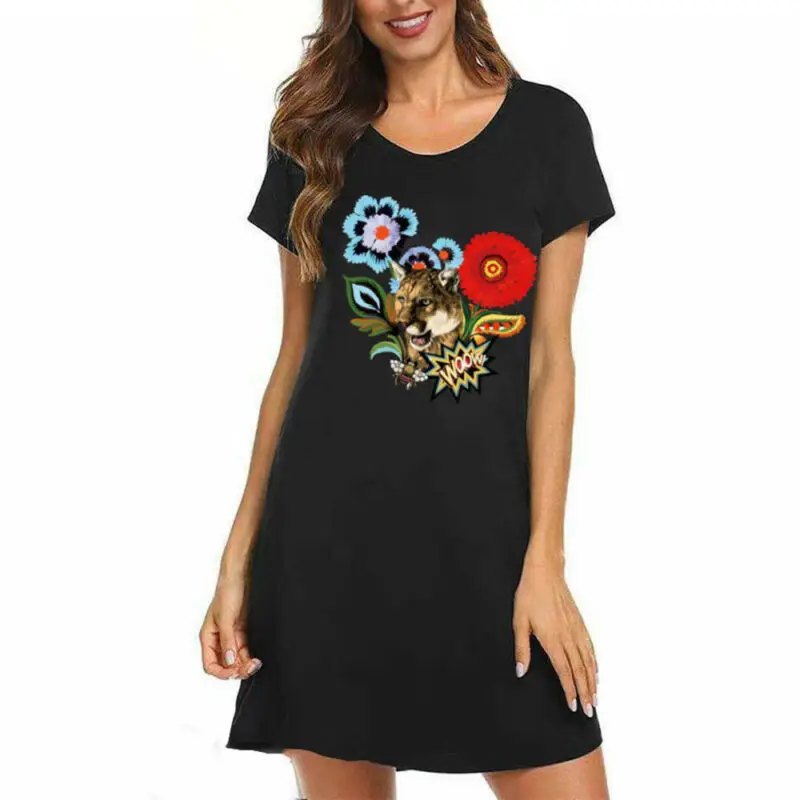

Women Floral Short Sleeve T-Shirt Dress Beach Holiday Black Sundress Plus Size