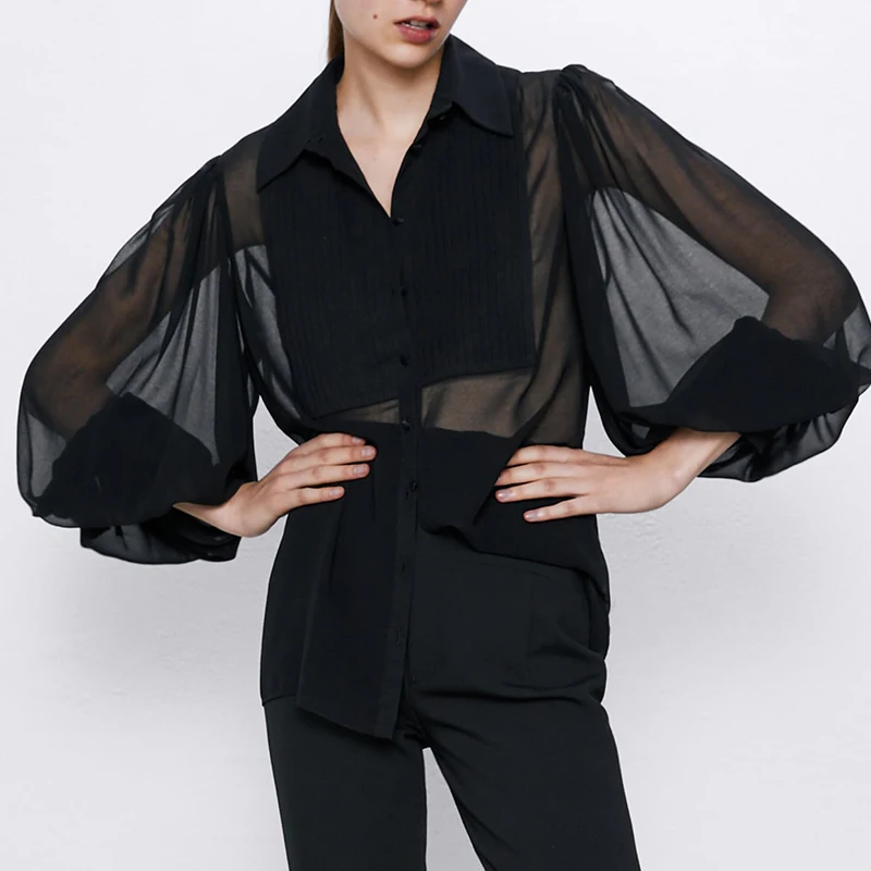 Foridol черная шифоновая блузка на пуговицах туника прозрачные женские блузки и