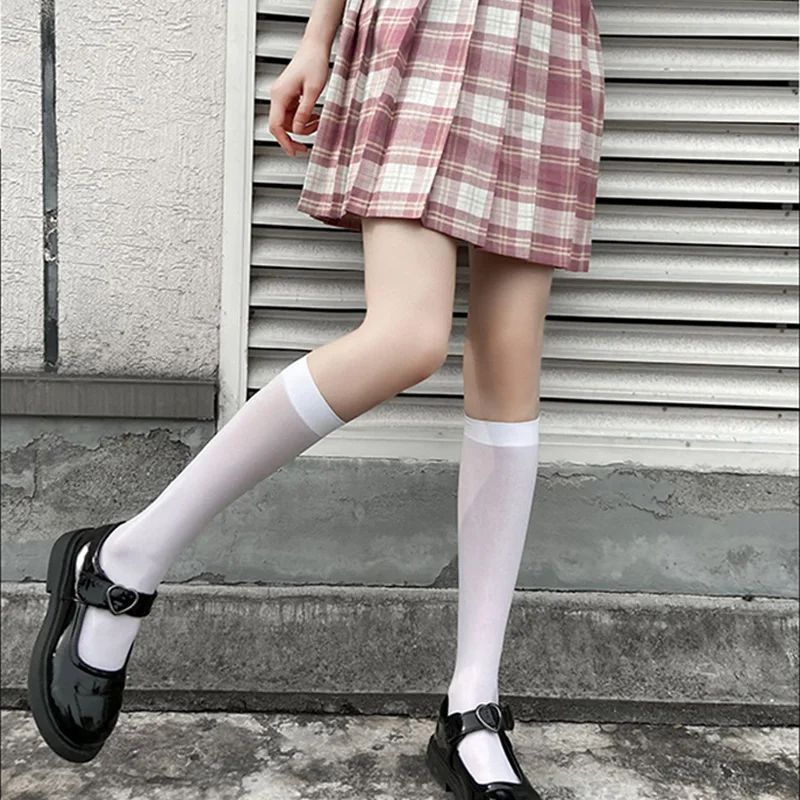 

White velvet calf stockings tube socks for ladies summer thin girl with small leather shoes long tube
