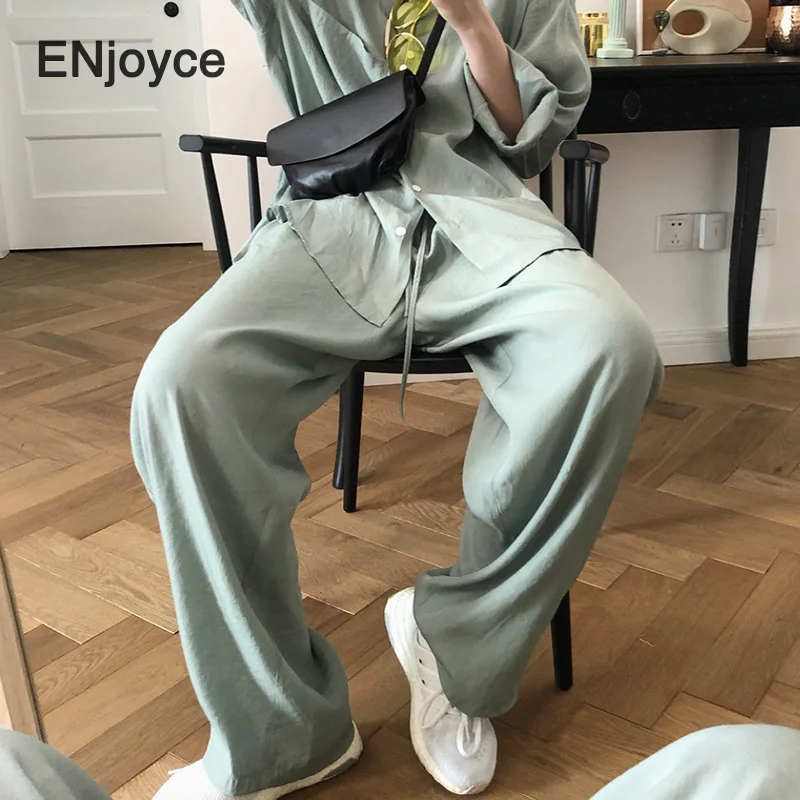 

Summer Fashion Women Wide Leg Loose Rayon Silk Comfortable Pants Female Casual Thin Trousers 2020 Grey Green Trousers