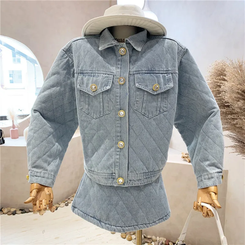 

Новинка, женская одежда, осень-зима 2021, темпераментная утепленная джинсовая одежда с хлопковой подкладкой, куртка, юбка с высокой талией, ко...