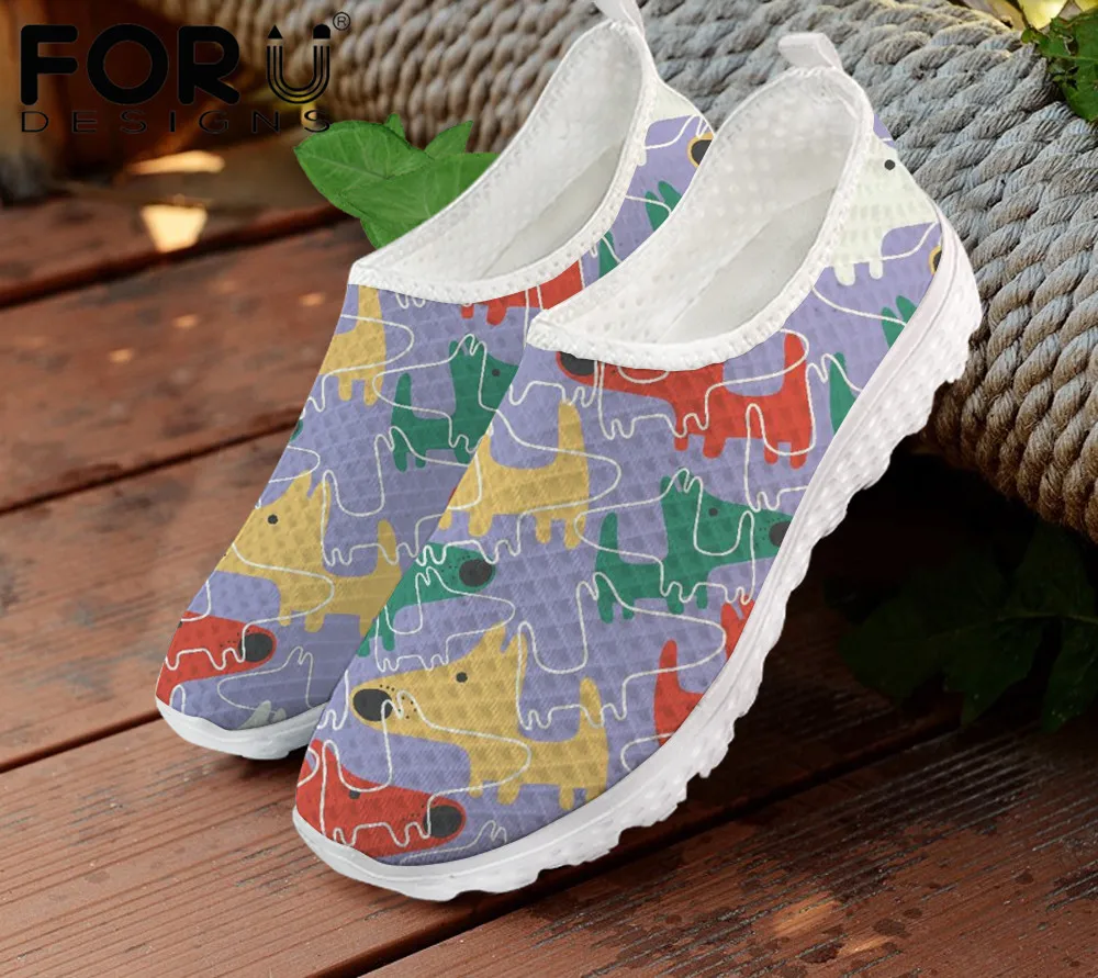

FORUDESIGNS Cartoon Art Dog Animal Pattern Women's Mesh Flat Shoes Breathable Sneakers Shoe Female Slip-on Flat Shoes Mujer