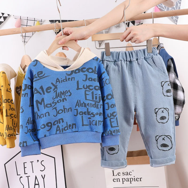 

Baby boy clothes spring/autumn fashion cartoon letter printing long-sleeve hooded sweater suit boy pure cotton casual 2pc suit