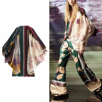 women printed coat 2021 spring autumn new thin outwear silk deep v neck kimono style long sleeve ladies vintage chic coat
