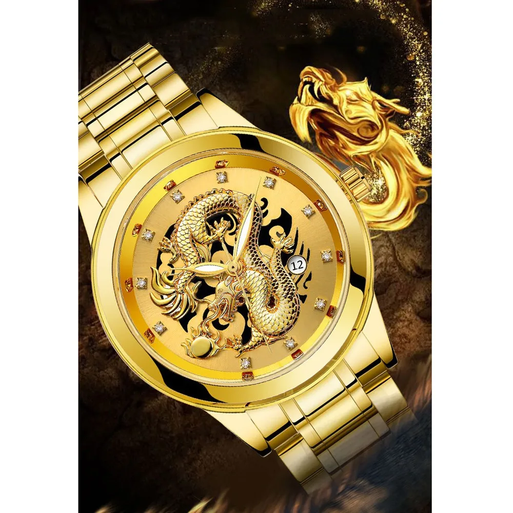 

Luxury Stylish Men's Wristwatches Delicate Golden Dragon Sculpture Quartz Watches Waterproof Stainless Steel Band Reloj Hombre
