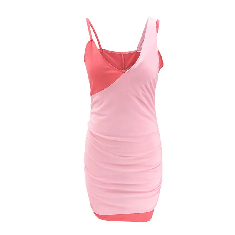 

Fashion Ladies Splice Lace Up Bodycon Strap Sleeveless Mini Dress Women Sexy Low Chest Dress Women V Neck Club Party Dress