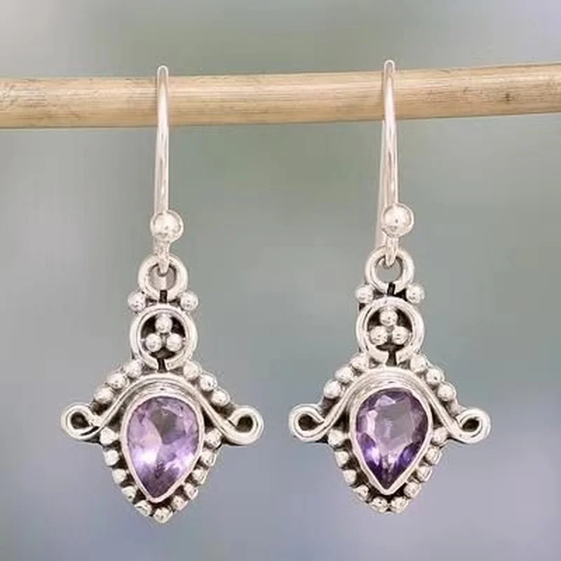 

Retro Drop-shaped Purple Zircon Drop Earrings Vintage Jewelry Metallic Silver Color Hollow Personalized Dangle Earrings