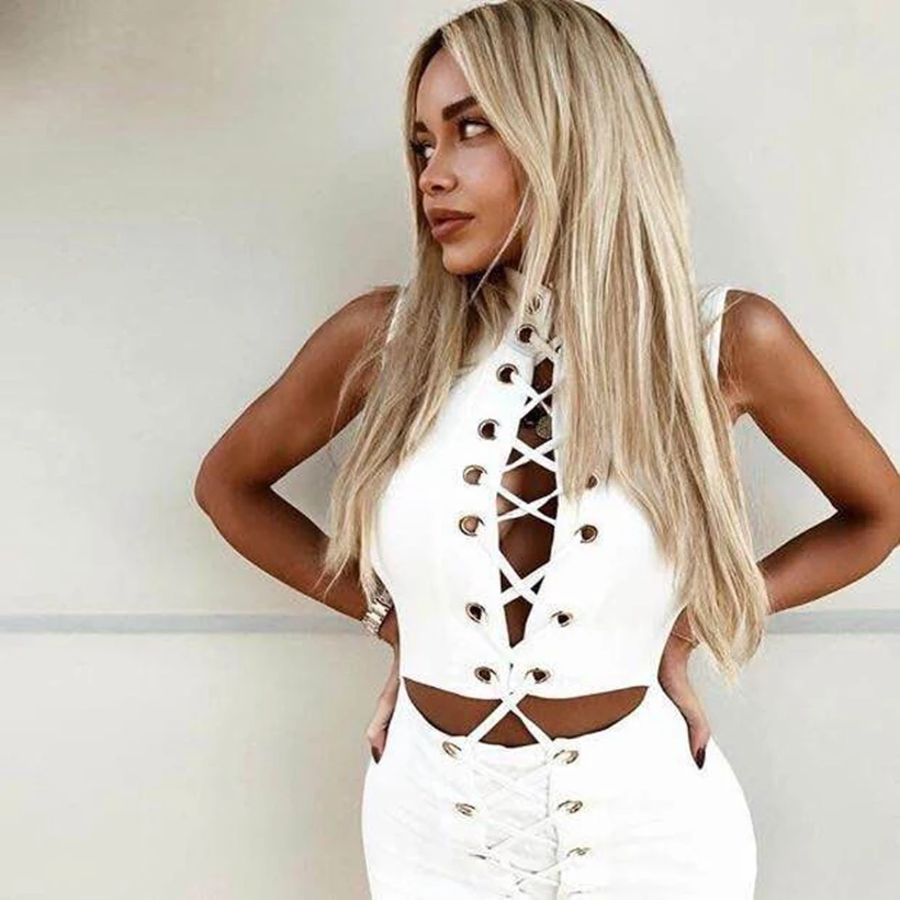 2019 Fashion White Hollow Out bandage Dress Lace Up Bodycon Sleeveless Sexy Women Metal Elegant Solid Celebrity Vestidos Dresses | Женские