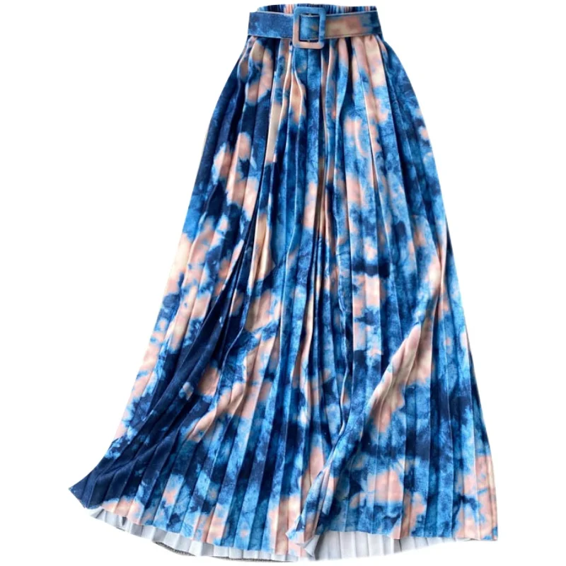 

Design Tie Dye Pleated Skirt Women Chic High Waist Sashes A-line Skirts Autumn Korean Fashion Streetwear Midi Skirt