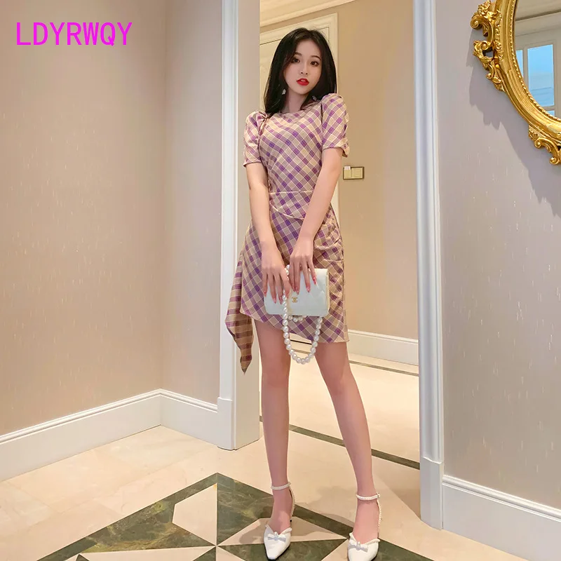 

LDYRWQY 2021 New Summer Temperament Purple Plaid Slim Puff Sleeve Fashion Sexy Irregular Dress Japanese and Korean Version