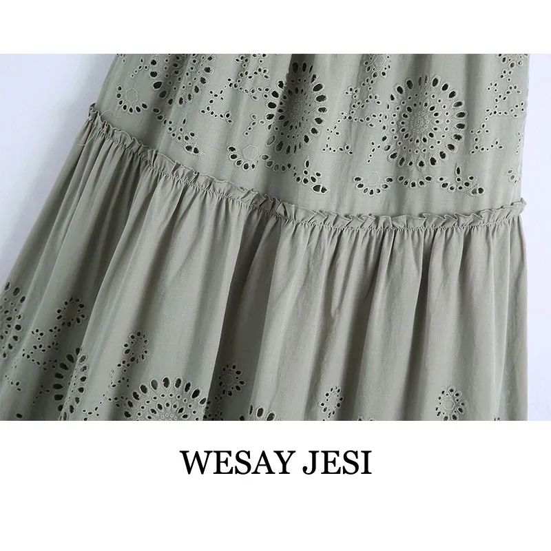 

WESAY JESI Women's Summer Sundresses Fashion 2021 Sling Cutout Long Skirt Chic Women Clothing Embroidery Elastic Folds Female