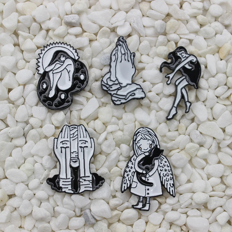 Женская эмалированная брошь булавка с отворотом Черный кот крылья ангела значок