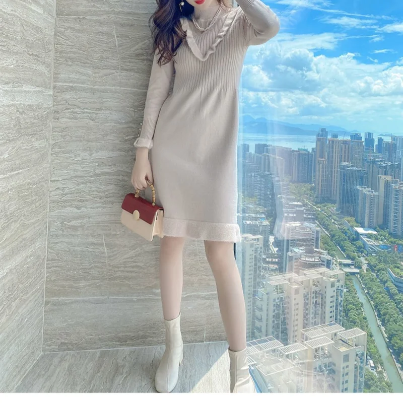 

2021 Woman Knitted Sweater Dresses Female Elastic Bottoming Knee Thick Sweater Dress Vestidos Ladies Elegant Mid Dress H723