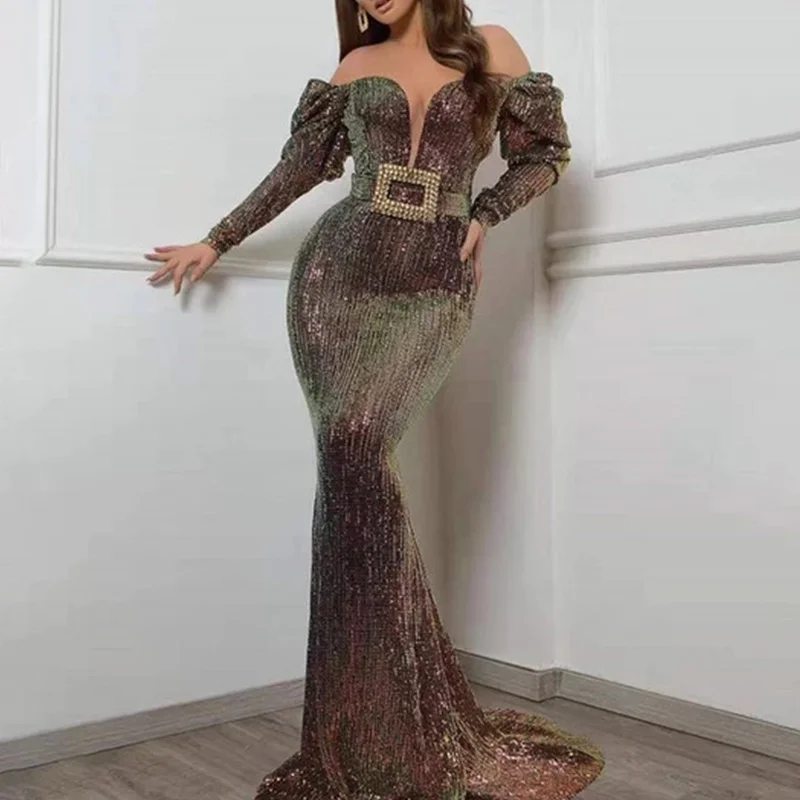 

Sexy Evening Party Dresses Women Bodycon Slim Banquet Long Tail Mermaid Dresses Slash Neck Belt Sequin Club Maxi Long Dresses