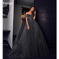 verngo elegant a line black polka dots tulle formal evening dresses off the shoulder sleeves floor length prom party gowns
