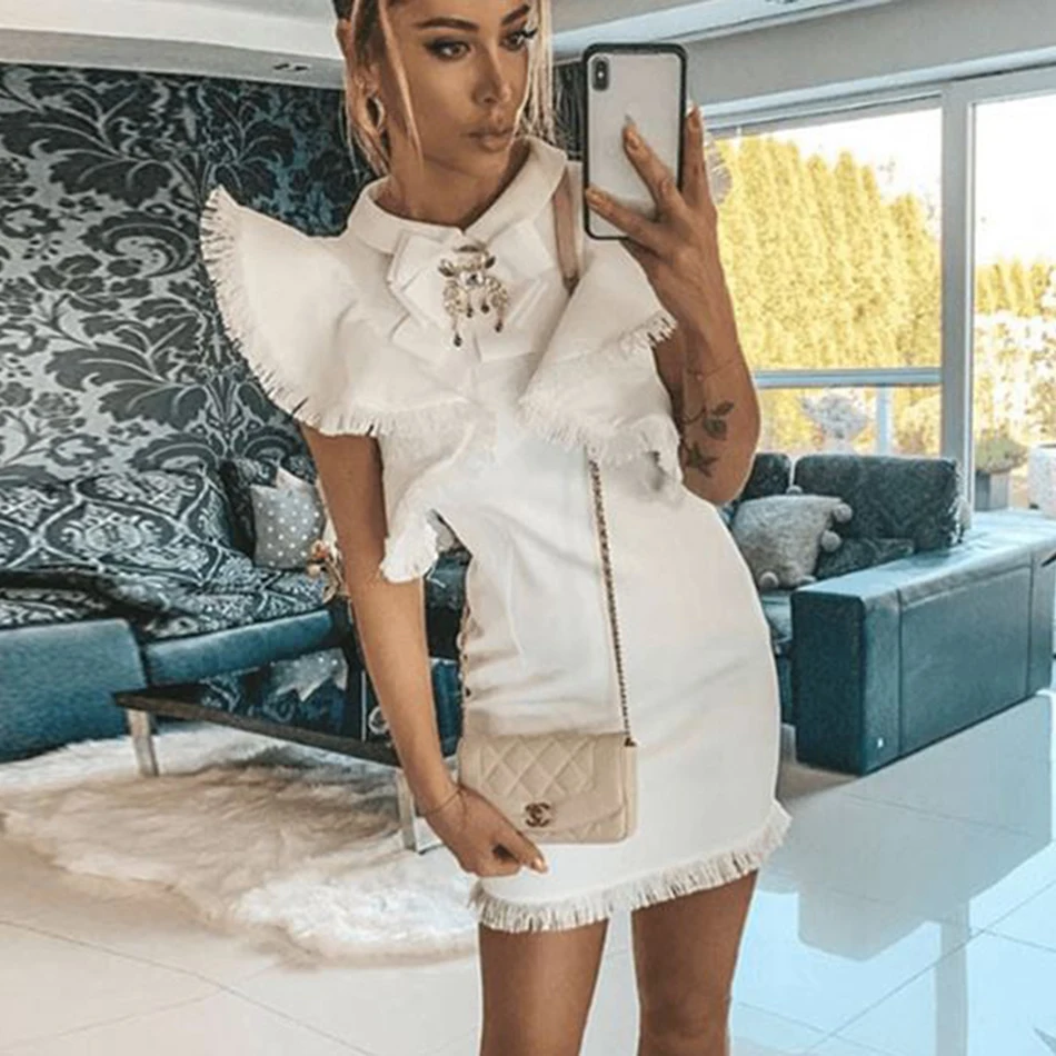 Летнее женское белое вечернее платье знаменитостей vestidos Verano, сексуальное черное мини облегающее Клубное платье без рукавов с оборками и бахромой