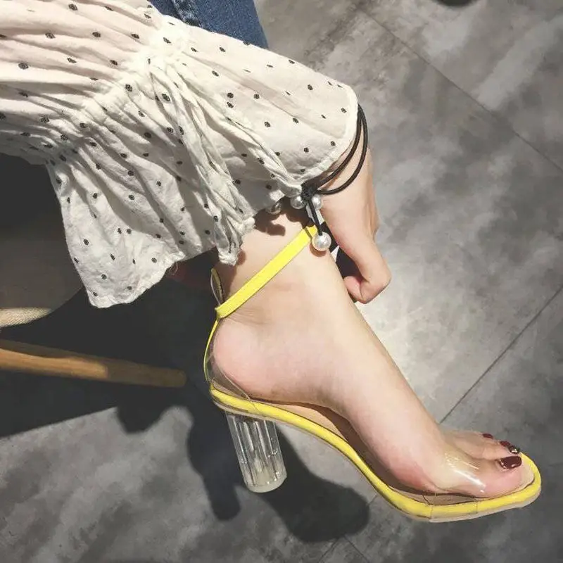 Сандалии женские на высоком прозрачном каблуке туфли-лодочки с прорезями и