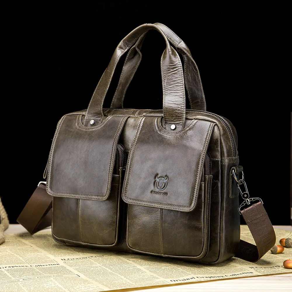 BULLCAPTAIN Men's Real Leather Briefcase 14 Inch Laptop Sleeve ,Casual Shoulder Messenger Bag, Tote, Work, Office, 042