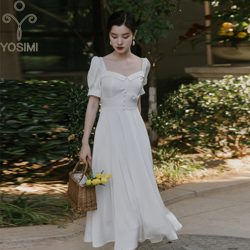 

YOSIMI White Chiffon Dress Women Elegant 2021 Summer A-Line Mid-calf Fit and Flare Strapless Short Puff Sleeve Lady Party Dress