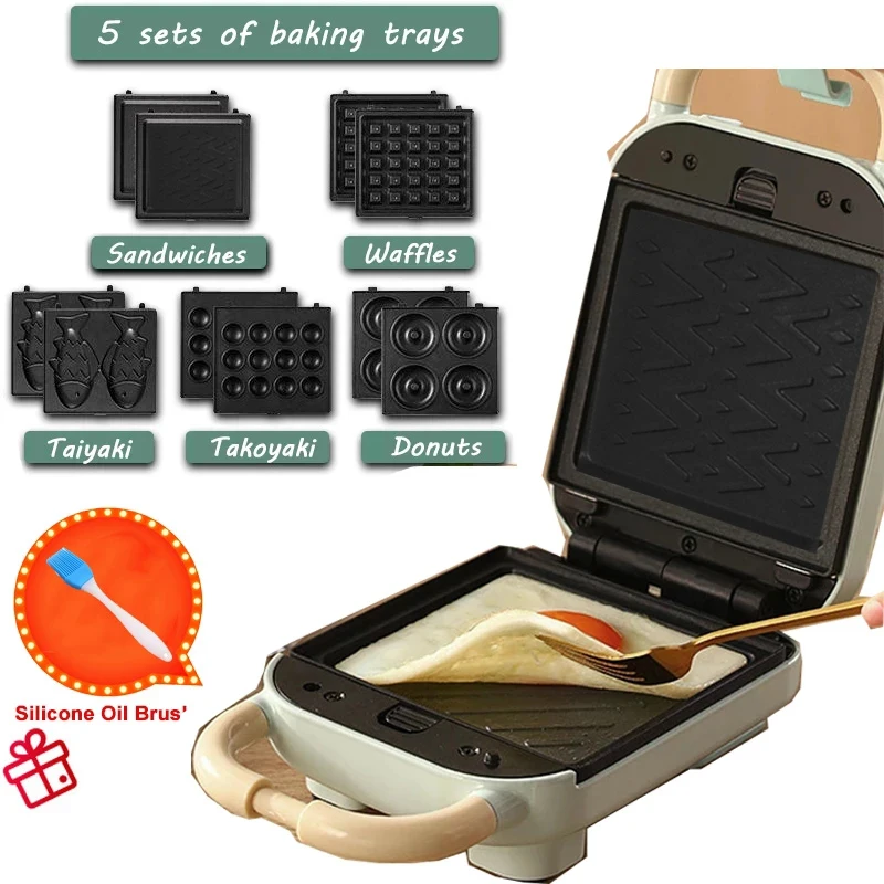 

Electric Sandwich Maker Waffle Maker Toaster Donuts Baking Multifunction Breakfast Machine Takoyaki with Silicone Oil Brush