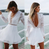 hot cross border european and american sexy v neck lace stitched long sleeved dress summer dress