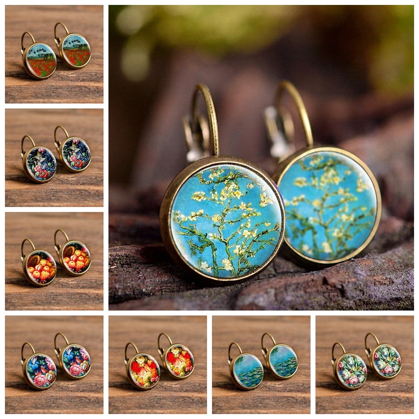 Серьги гвоздики Подсолнух Ван Гога Стеклянные Кабошоны модные бронзовые