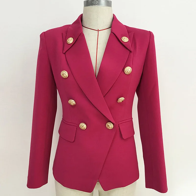 New suit jacket collar buckle decoration classic metal lion head buckle double breasted women' rose red black small suit Blazers