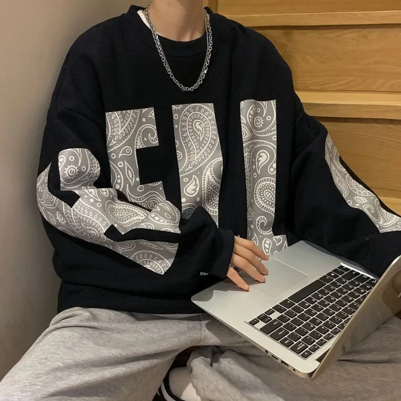 

Мужской свитер в стиле Хай-стрит, осенняя Свободная рубашка в европейском и американском стиле с круглым вырезом и принтом в стиле хип-хоп, ...