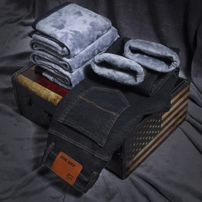 2020 Men Fashion Winter Jeans Men Black Slim Fit Stretch Thick Velvet Pants Warm Jeans Casual Fleece Pants Men's Plus Size