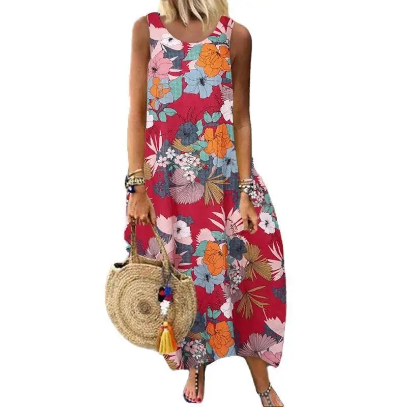 

Summer New Women Fashion Dress Vintage Sleeveless Printed Long Cotton Beach Strap Sundress Lady Casual Loose Boho Floral Dress