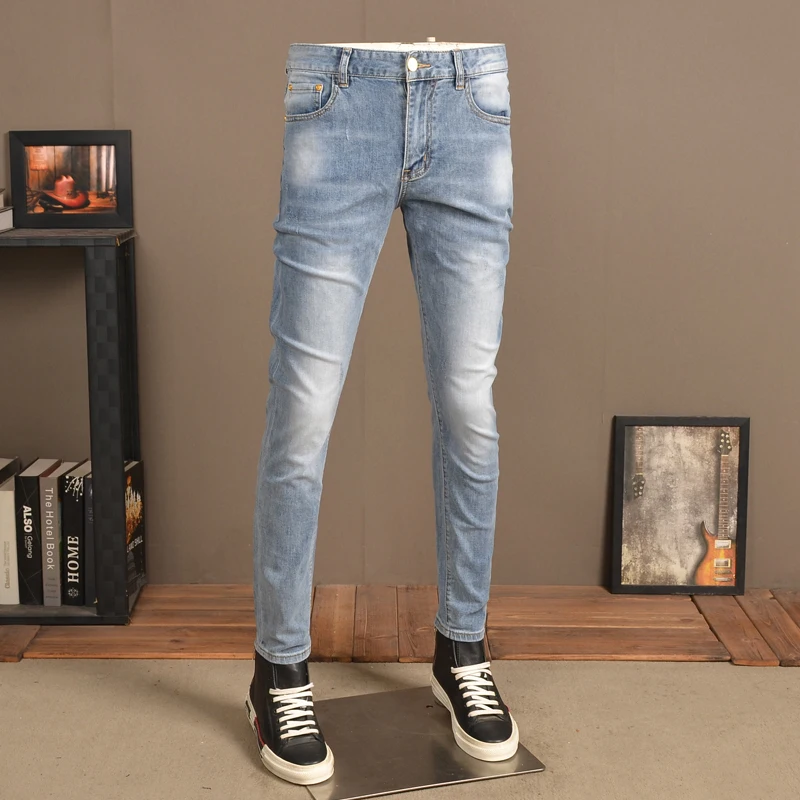Summer Men Light Blue Jeans Fashion Korean Style Slim Fit Denim Pants