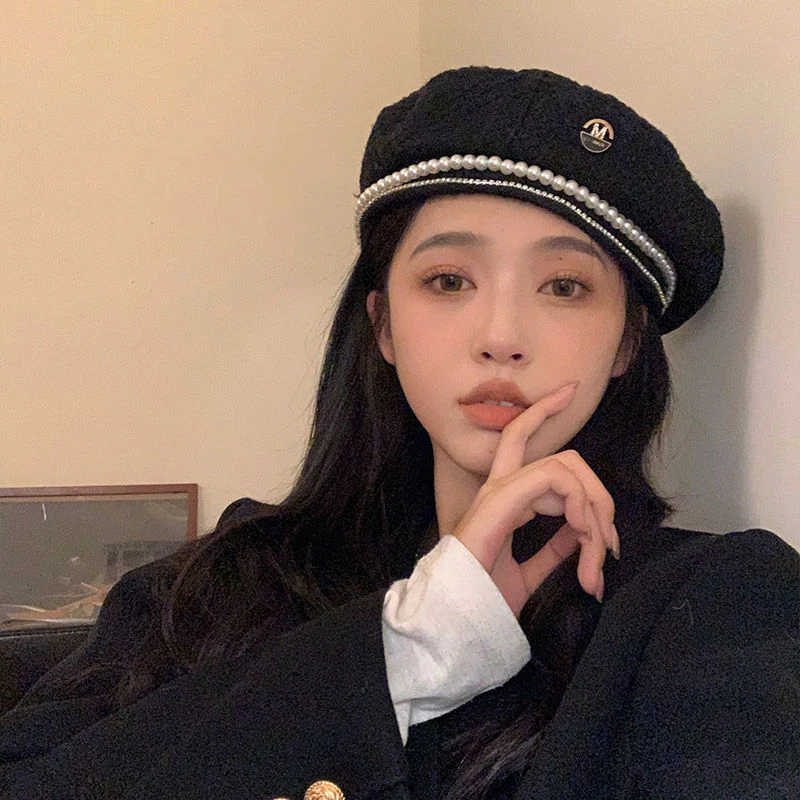W102 Зимний берет цепочка жемчуг стильная шляпа в стиле Хепберн французский