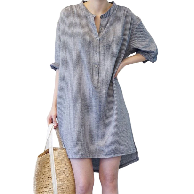 Хлопковая и льняная женская блузка в полоску с v-образным вырезом свободные