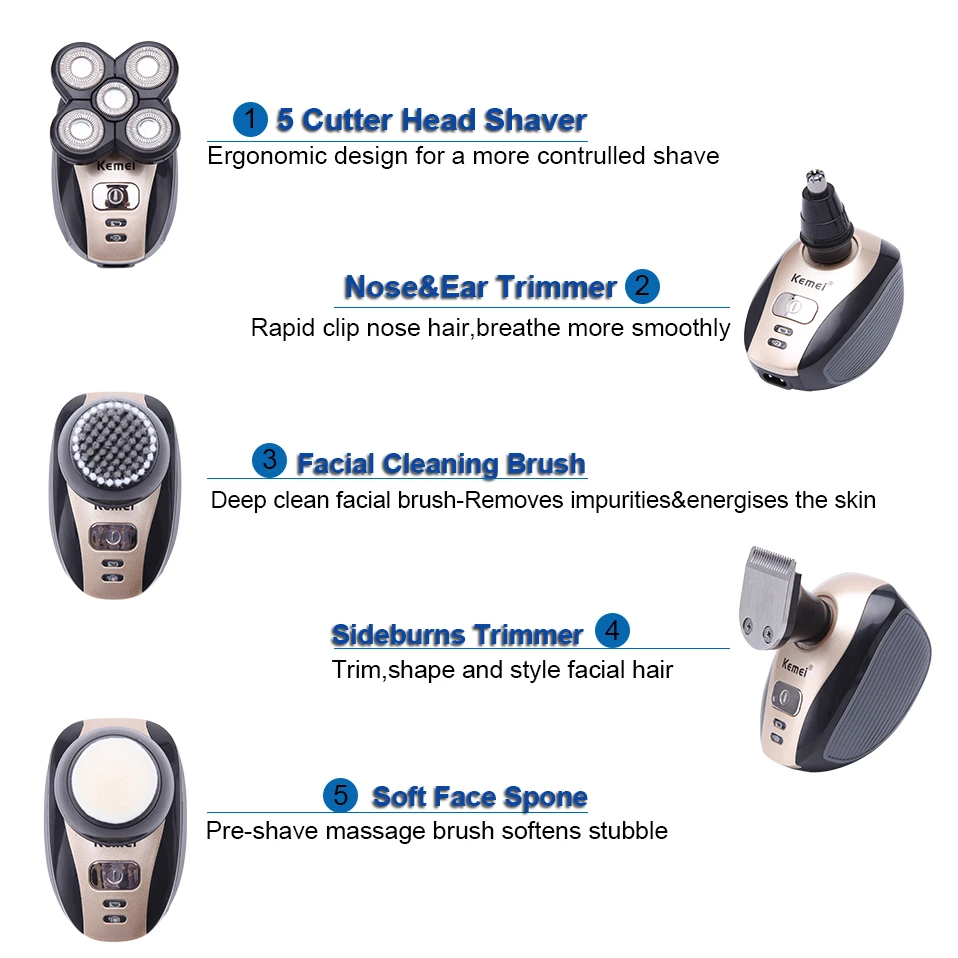 

KEMEI 5IN1 Multifunction 5D Electric Razor Shaver Men Hair Nose Trimmer Face Cleaning Washable Hair Clipper Shaving Machine