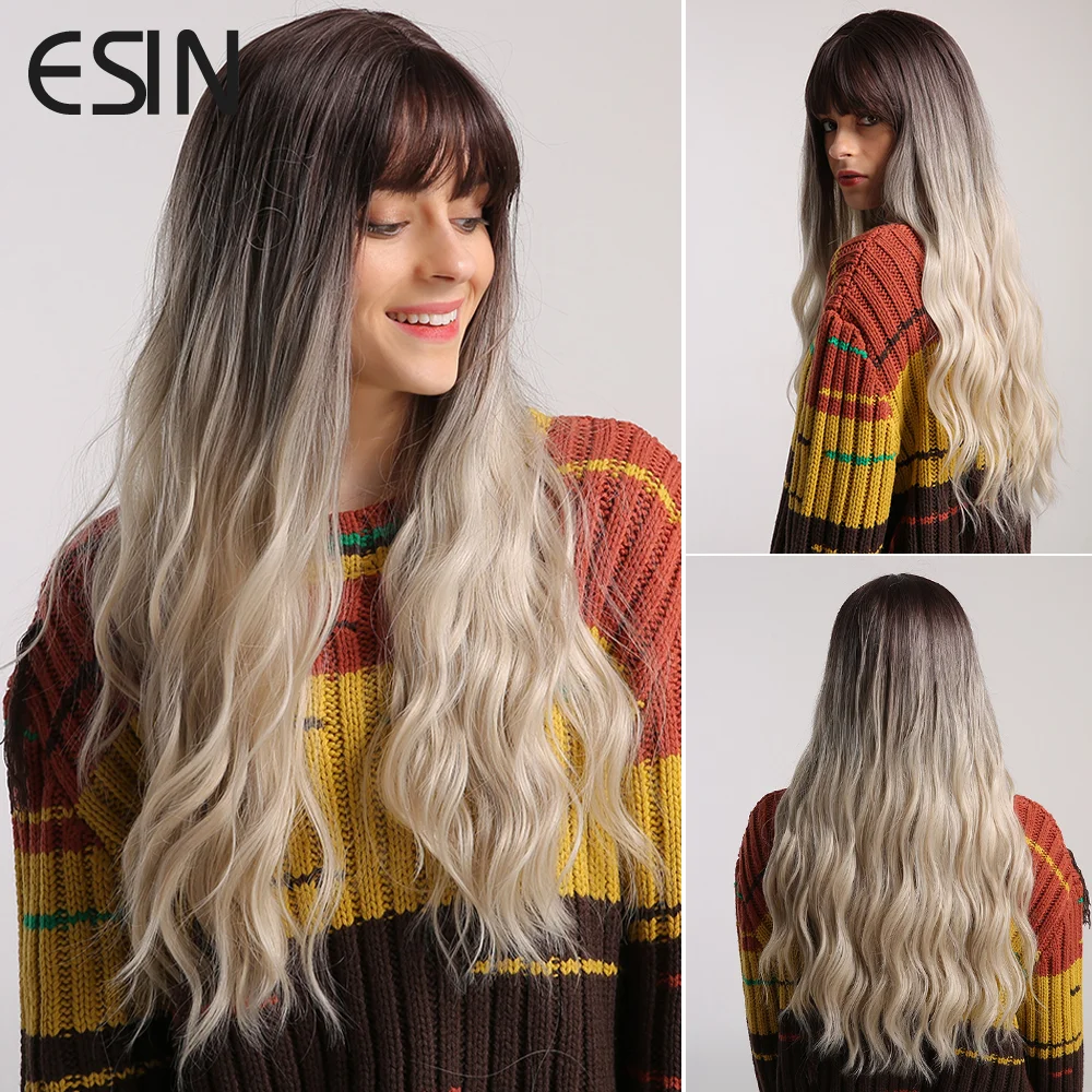 ESIN Synthetic Hair Brown Ombre to Blonde Long Wavy Hair Wig with Bangs Natural Wigs for Women Heat Resistant