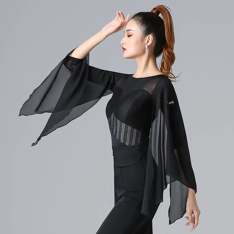 Женский топ для латинских танцев черные рубашки с длинным рукавом сексуальный