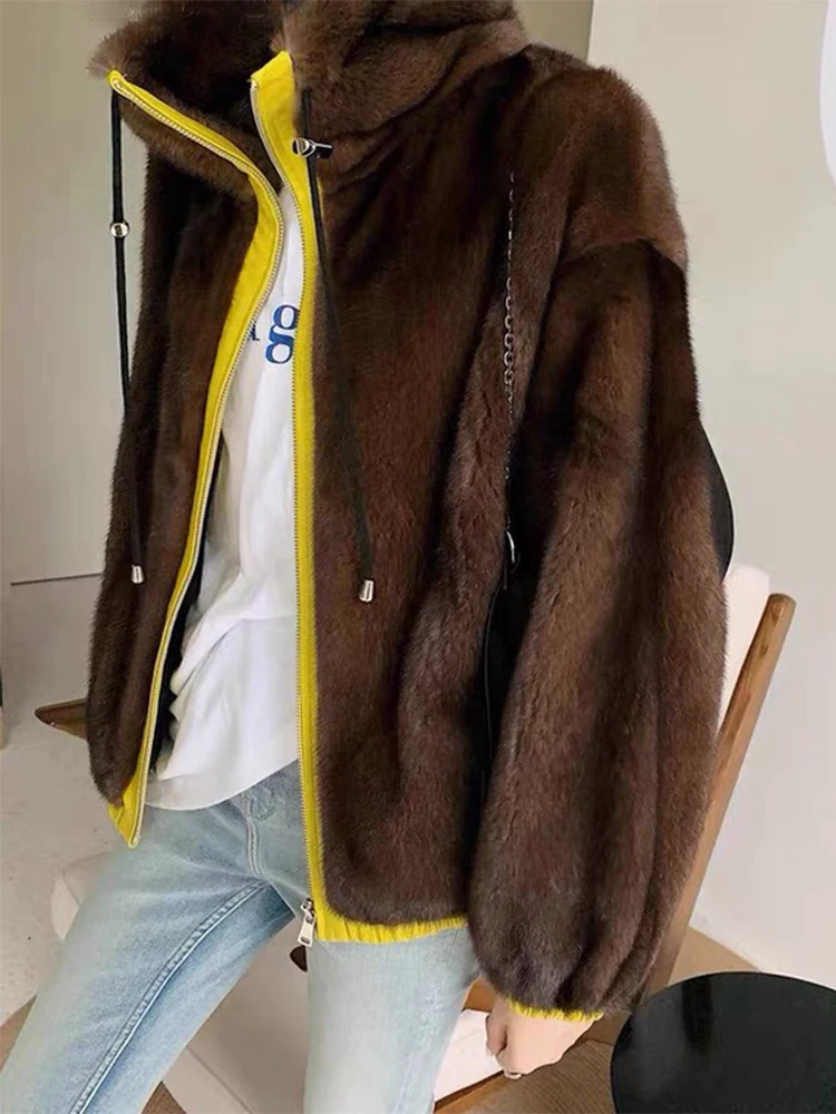 Korea Style Real Mink Fur Jacket Fashion Women Winter Thick Warm Real Mink Fur Long Sleeve Mink Fur Zipper Collar Jacket Coat
