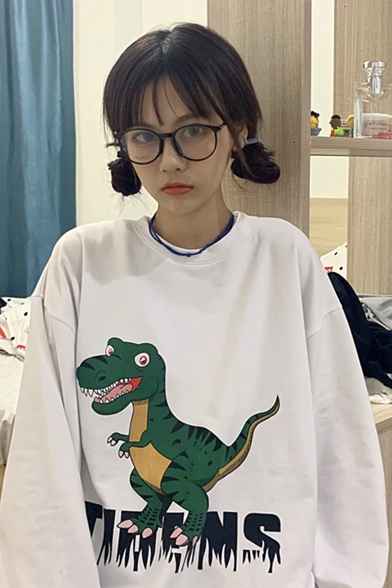 

WHOHOLLL 2021 Women Long Sleeve T Shirt Cartoon Dinosaur Print Autumn Casual Street Harajuku Women's Loose Long T-shirt