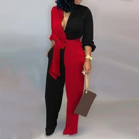 2021 women elegant fashion loose colorblock long sleeve knotted jumpsuit v neck causal streetwear jumpsuits with belt