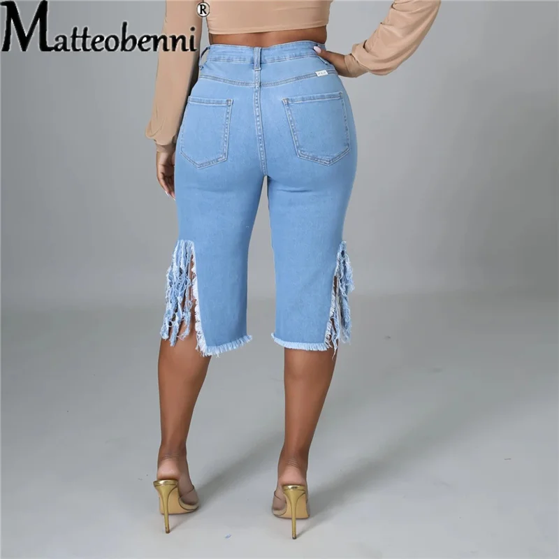 Женские рваные хлопковые шорты-бермуды повседневные синие прямые джинсовые
