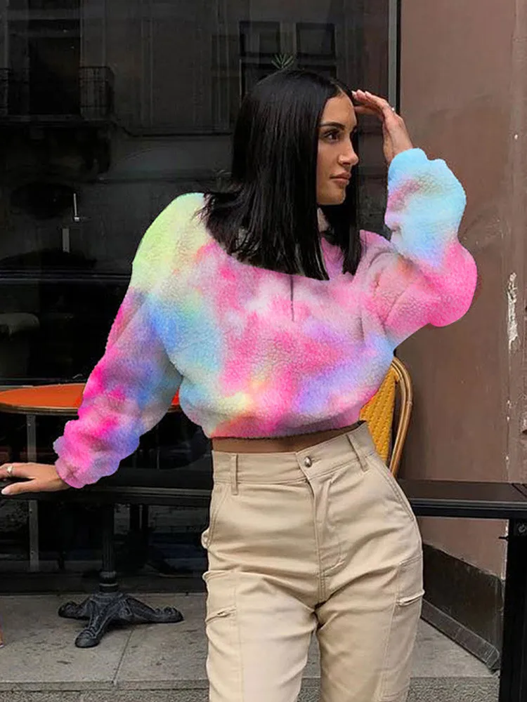 Женская Радужная Толстовка Tie Dye Teddy уличная одежда с длинным рукавом из искусственного меха флисовые Топы плюшевый пуловер больших размеров Sudadera Mujer
