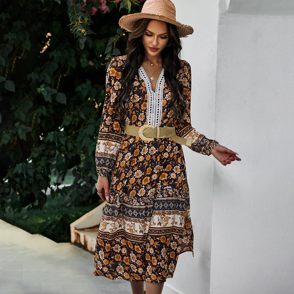 

Women's Midi Dress Bohemian Floral Print Long Sleeve Dresses for Women V-neck Sashes Hight Waist Holiday Autumn Woman Clothing