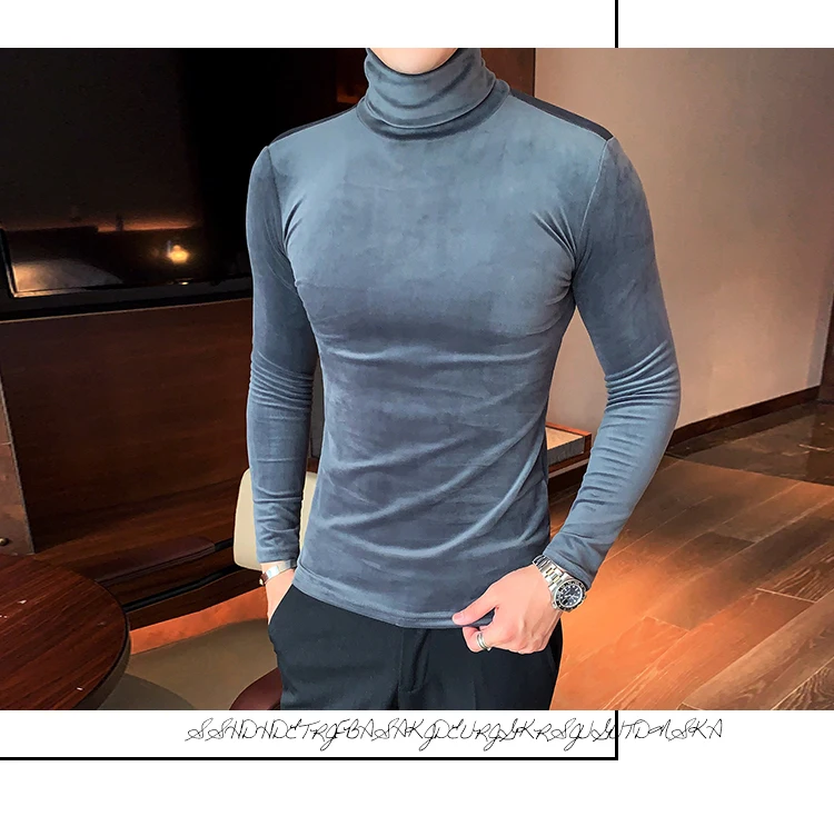 Азиатский размер Slim Fit стрейч бархат водолазка Мужская футболка с длинным рукавом осенние вечерние Нежные мужские