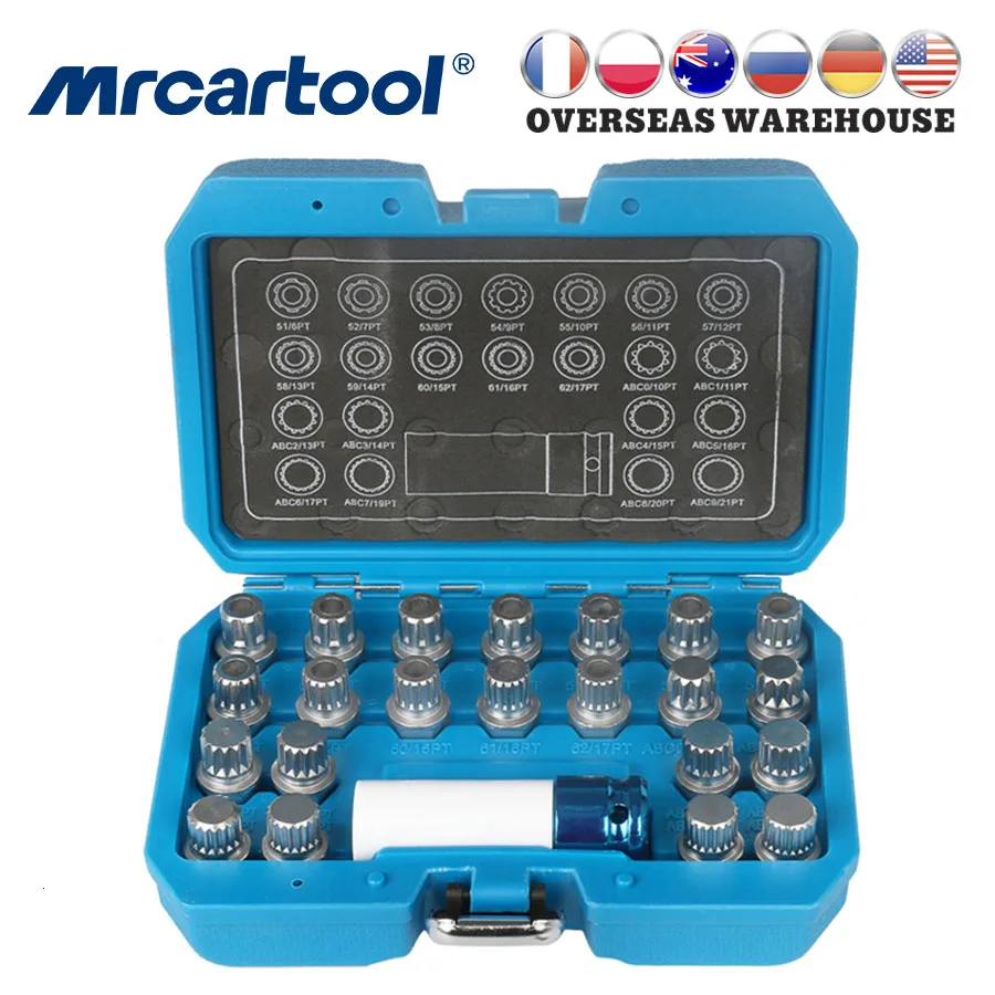 

MR CARTOOL 23pcs Wheel Lock Lugnut Anti-Theft Screw Removal Key Socket Set For Vw Audi with 1/2 Inch (12.7 mm) Socket Adapter