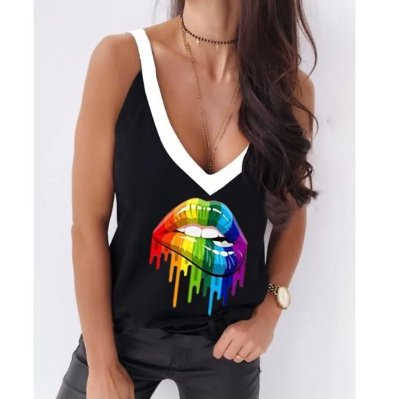 

2021 Hot Sale New Summer Casual Slim Solid Color Printing Butterfly Lips Pattern V-Neck Women's Sleeveless Fashion Camisole