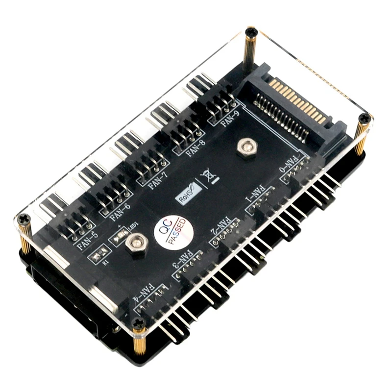 

10-Way Fan Distributor Hub 4-Pin or SATA 15-Pin Connector Power Supply Fan Hub with PMMA Housing and Magnetic Bracket